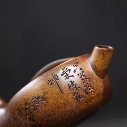 6.8oz Chinese Tea Pot Handmade Carved Real Yixing Zisha Pot Big Opening For Puer
