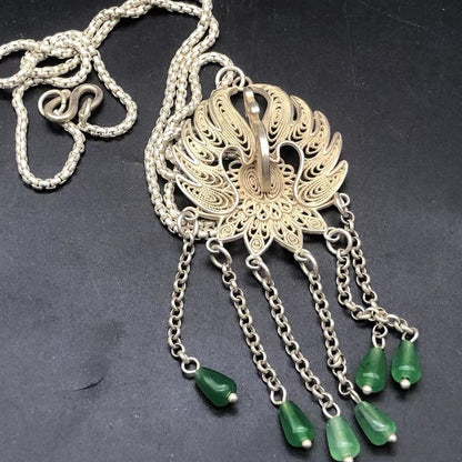 Vintage Peacock Filigree Pendant Necklace Silver-Plated 33cm Long Sweater Chain