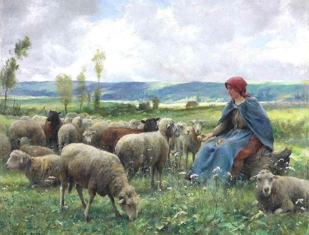 Art Oil painting Shepherdess-and-Sheep-Julien-Dupré-Oil-Painting landscape