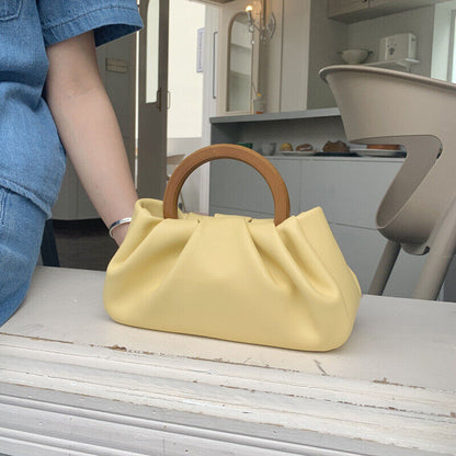 Girls Wooden Handle Pleated Cloud Shoulder Bag Handbag Messenger Mini Bag