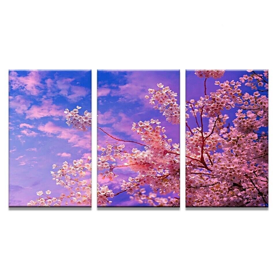 Pink Sakura Tree Sky Scenery 3 Pieces Canvas Print Wall Art Poster Home Decor