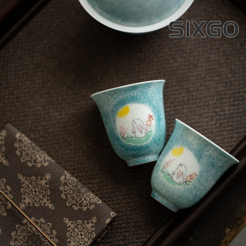 Jade Rabbit Looking Moon Underglaze Ceramic Tea Cup Kung Fu Tea Set Covered Bowl