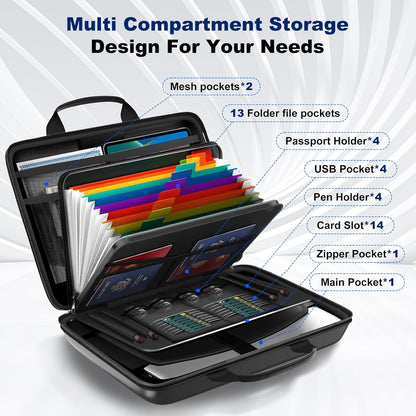 Fireproof Document Box Hard Case Fireproof File Organizer with Lock 13 Pocket