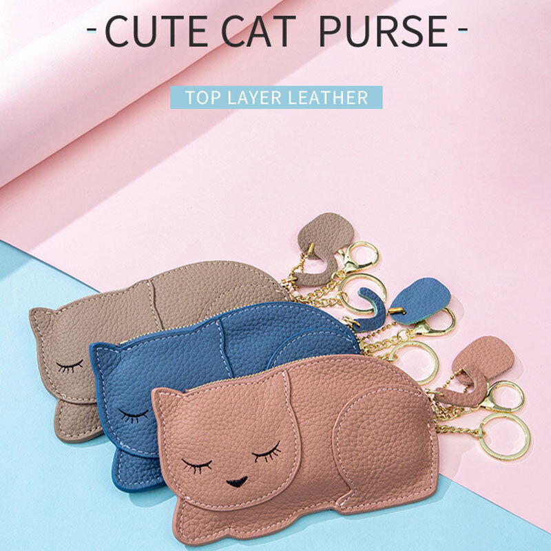 Cute Cat Ultra Thin Purse Wallet Genuine Leather Car Key Bag Mini Coin Bag
