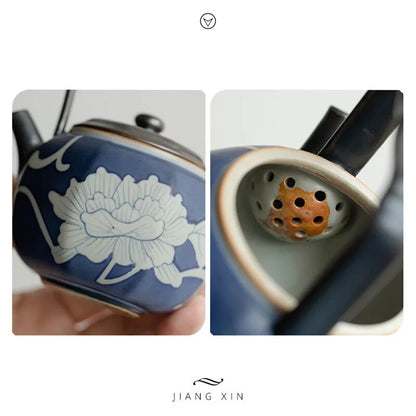 125ML PurePeony Art Ceramic Teapots Creative Octagonal Handle Pot TeaKettle
