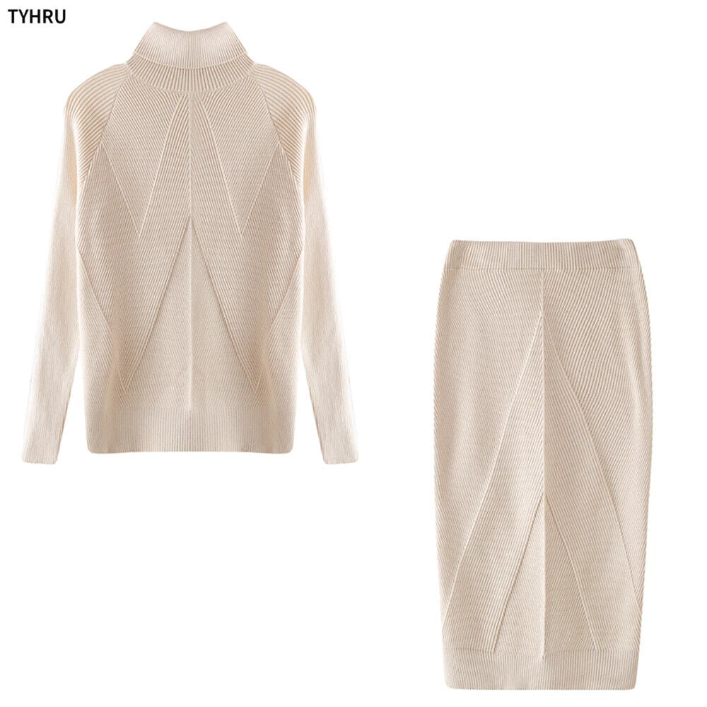 Autumn Women's Turtleneck Pullover Sweater + Slim Skirt Two-Piece Set