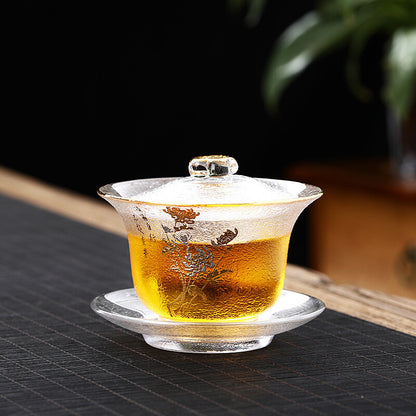 200ml Clear Gaiwan Glass Tureen Floral Relief Teacup Covered Bowl Cup Saucer Mat