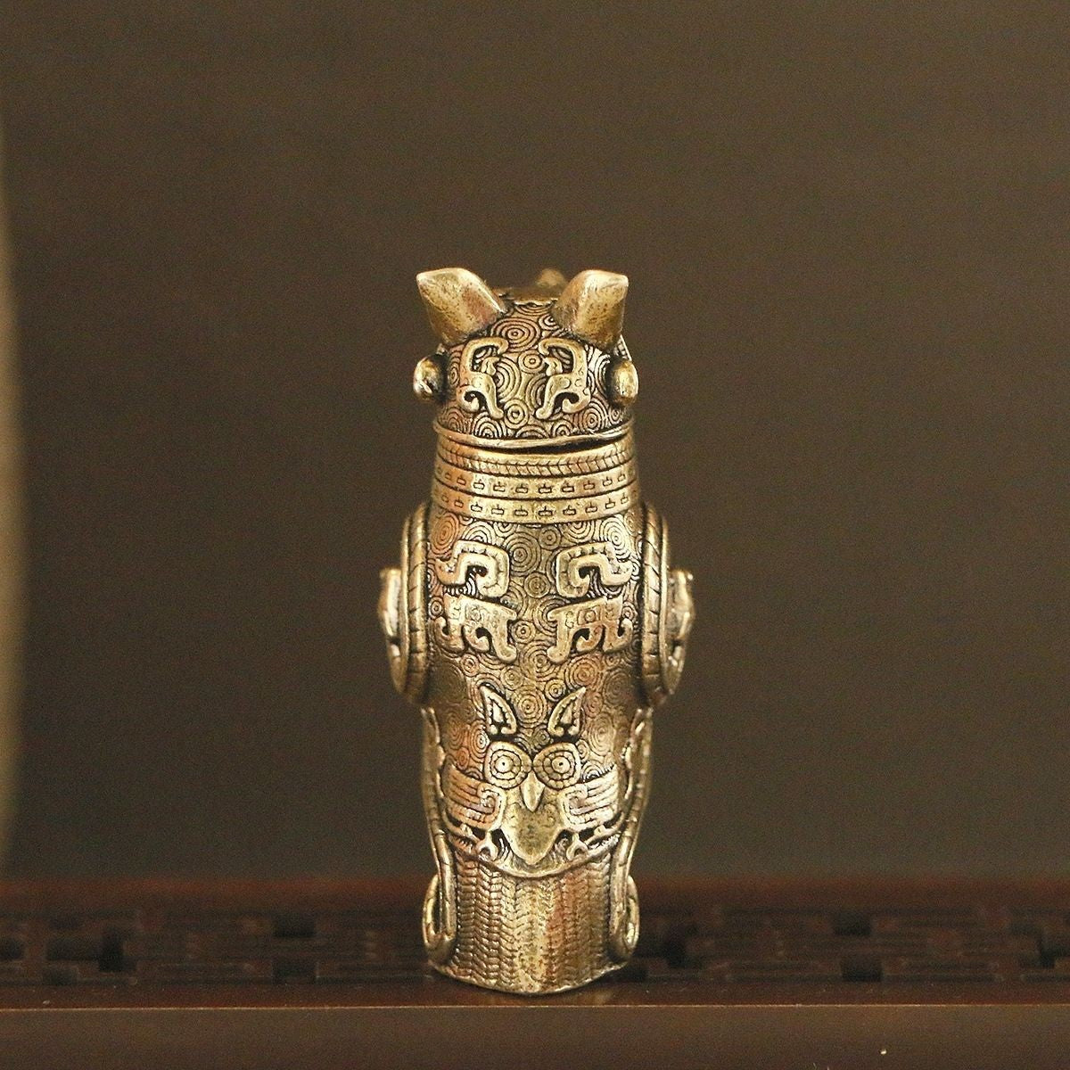 Brass Fu Hao Owl Zun 5.2cm Antique Craft Desktop Ornament Copper Art