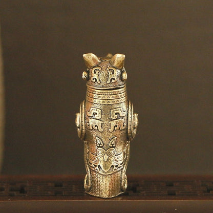 Brass Fu Hao Owl Zun 5.2cm Antique Craft Desktop Ornament Copper Art