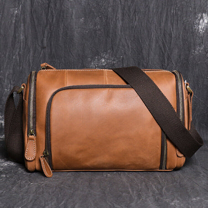 Men's Handmade Shoulder Bag 100% Crazy Horse Leather Cylinder Crossbody IPAD Bag