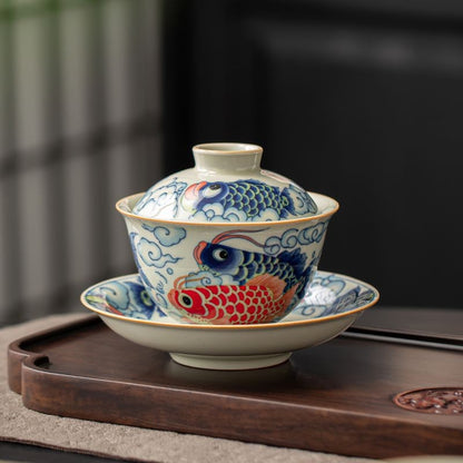 Traditional Chinese Style Koi Fish Gaiwan 120ml Three-Piece Tea Bowl