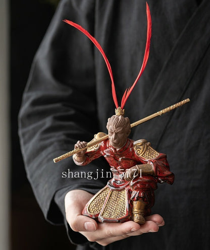 Chinese Pottery Fighting Monkey King Statue Sun Wukong Monk Zen Sculpture Decor