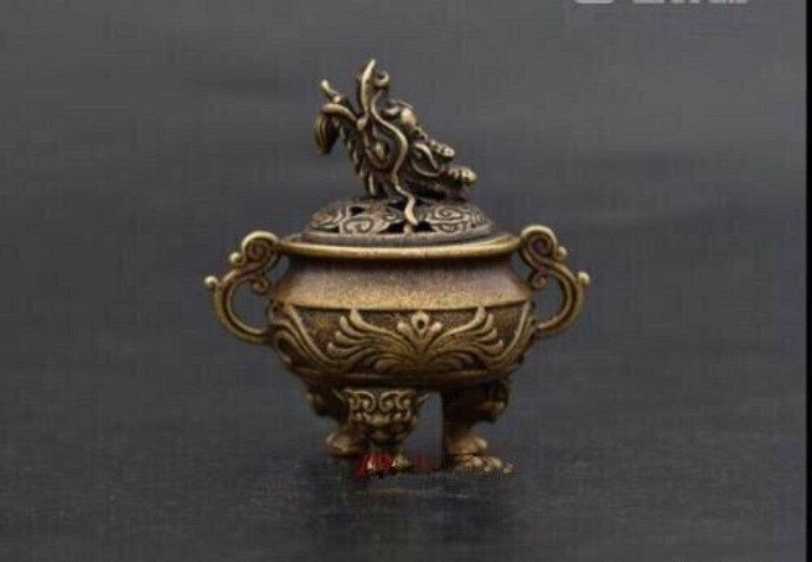 6 CM Pure Bronze Copper Foo Dog Lion Dragon Head Incense Censer Home Decoration