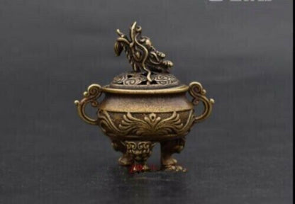 6 CM Pure Bronze Copper Foo Dog Lion Dragon Head Incense Censer Home Decoration