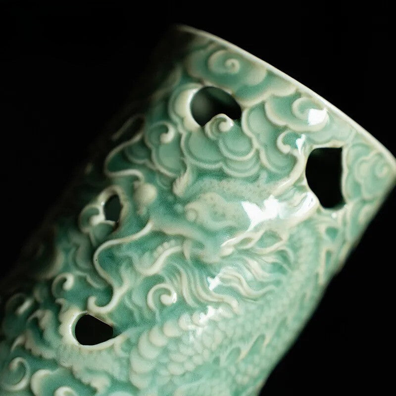 Yue Kiln Celadon Incense Burner Three Legged Dragon Cloud Aromatherapy Furnace