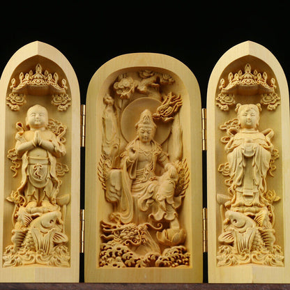 Buddha Statue Carved Wooden Sculpture Decor Three Open Box Home Ornaments NEW