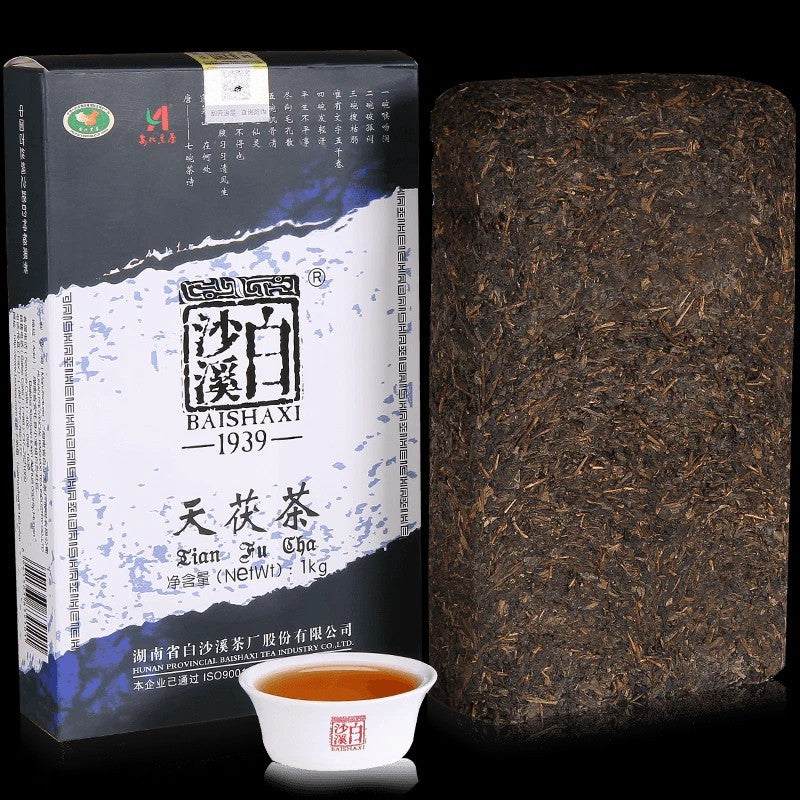 1000g TIAN FU CHA Anhua Baishaxi 1939 Dark Tea Black Tea Gold Flower Tea Brick