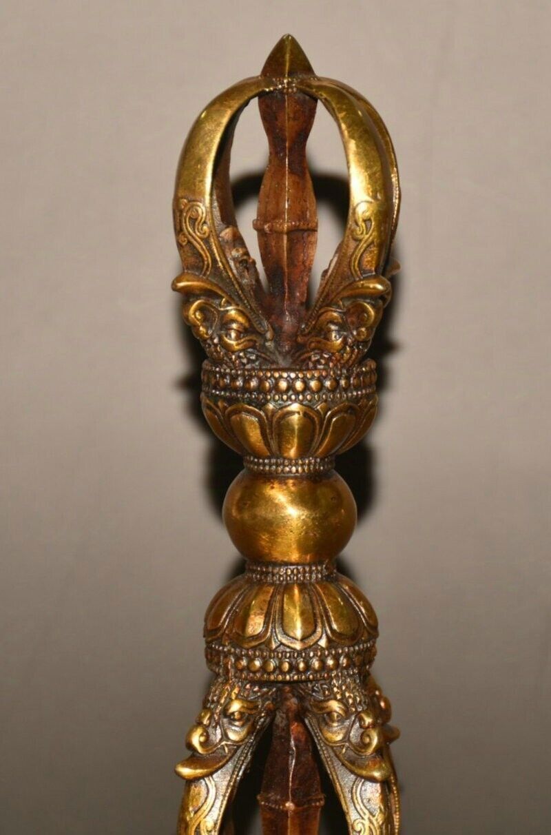 7"Old Tibet Buddhism Pure Bronze Gilt Vajra Dorje Phurpa Exorcism Talisman Faqi
