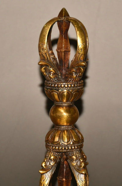 7"Old Tibet Buddhism Pure Bronze Gilt Vajra Dorje Phurpa Exorcism Talisman Faqi