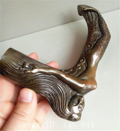 Collect Old Brass Auspicious Hand Carved Mermaid Statue Walking Stick Cane Head