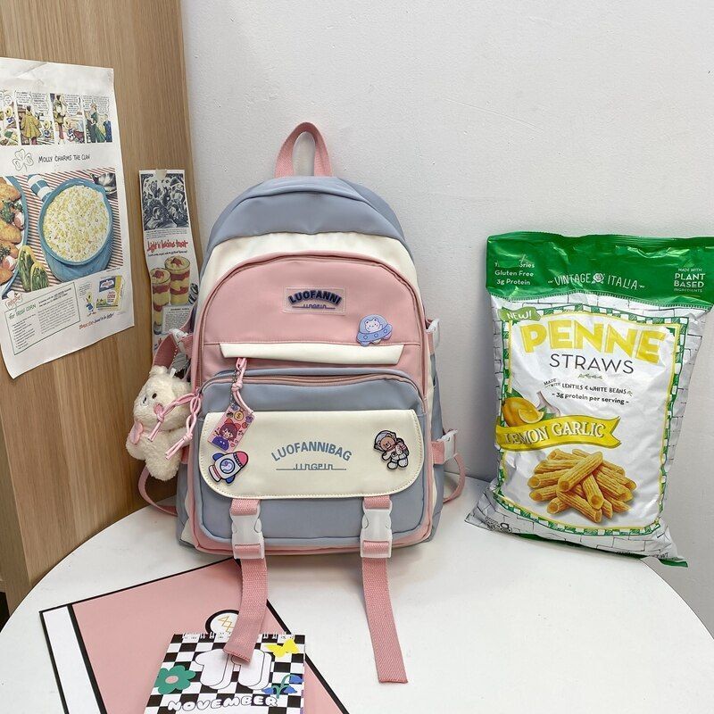 Patchwork Badge Woman Backpack Waterproof High School Bags 31*15*44 /30*13*41 CM
