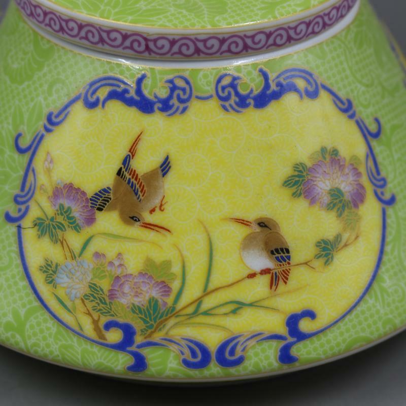 5.43"Chinese Green Enamel Porcelain Qing Yongzheng Flower Bird Design Tea Caddy