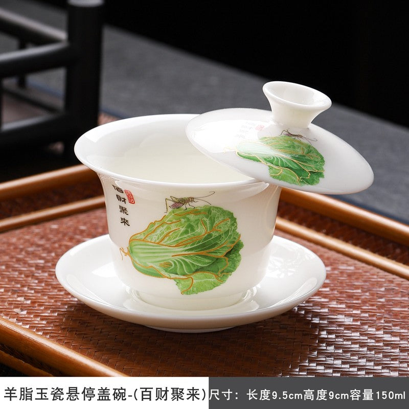 Sheep Fat Jade Porcelain San Cai Gaiwan Ink Wash Landscape Tea Bowl Household