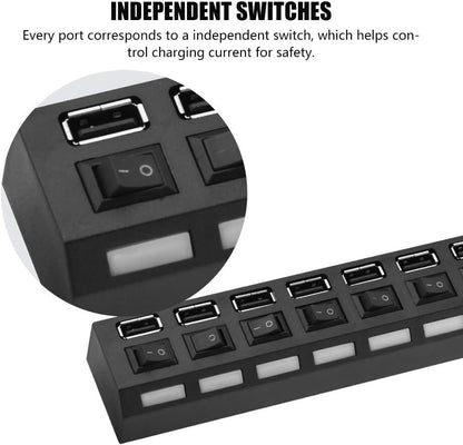USB Hub 7 Port On/Off Switch High Speed Splitter AC Adapter Cable PC Laptop Lot