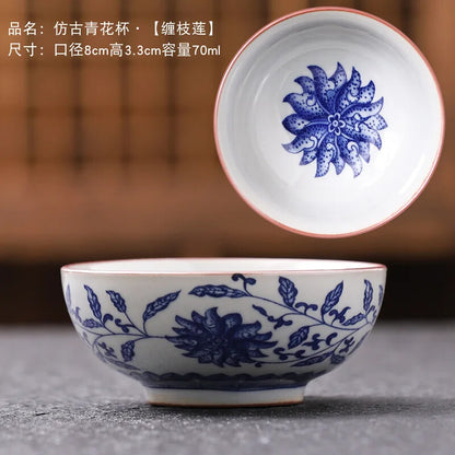 Blue and White Porcelain Tea Cups Retro Fish Dargon Master Cup Puer Tea Bowl