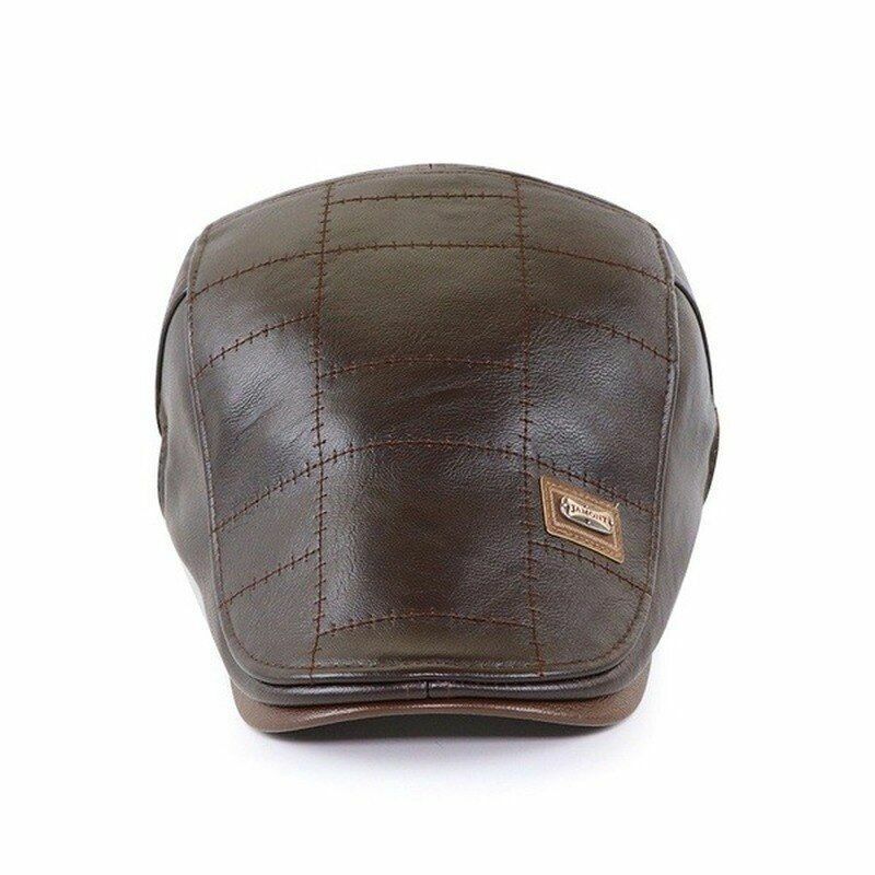 Winter Leather Cap Hat Warm Vintage Flat Casual Patchwork Beret Hiking Male