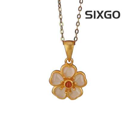 Real S925 Sterling Silver Natural Jade Women Lucky Plum Blossom Flower Pendant