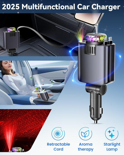 Retractable Car Charger with Air Freshener Diffuser & Star Lights,Multi Port Cig