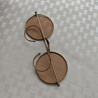 Vintage Round Crystal Sunglasses Old Shanghai Tea Tint Hook Eyewear Photo Prop