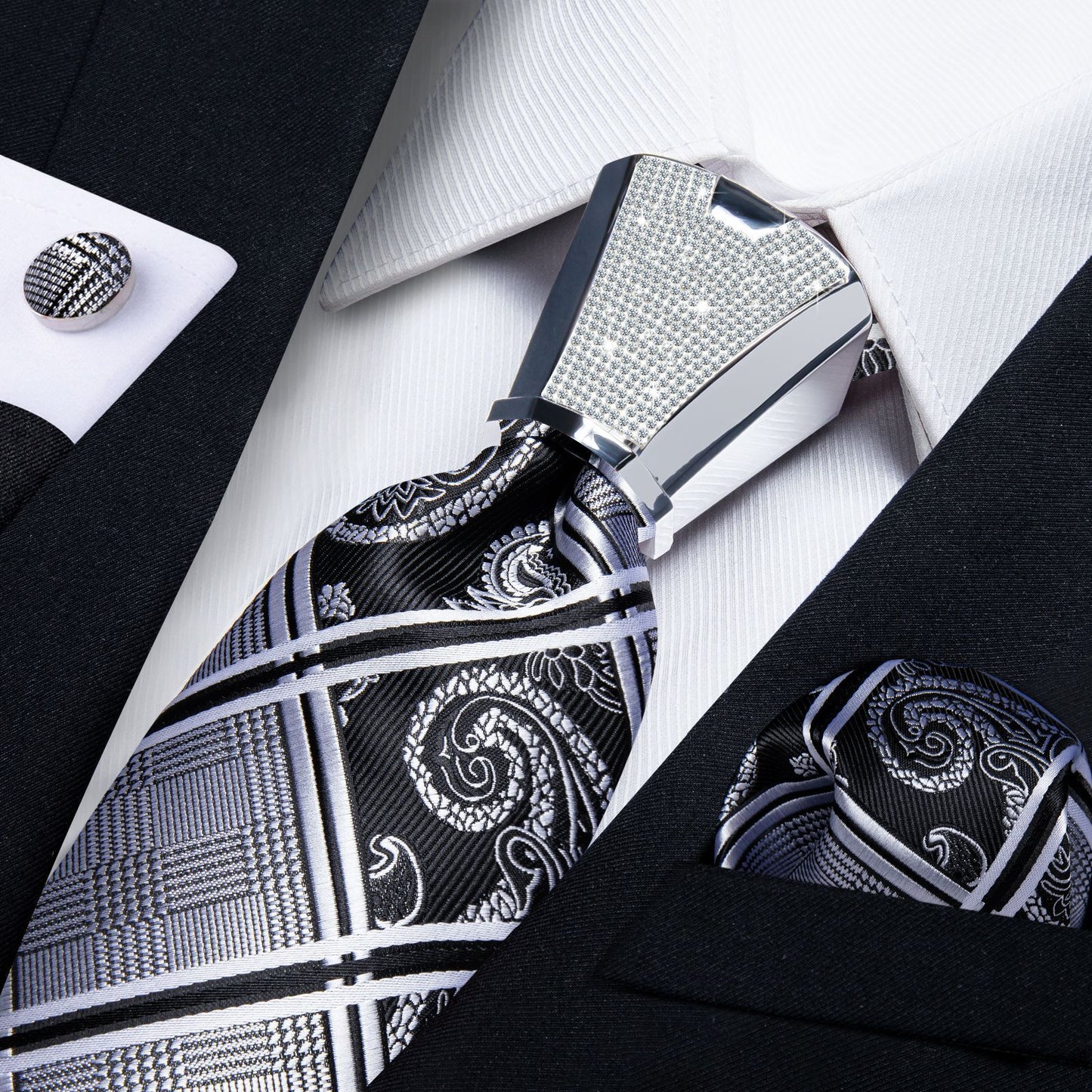 Men Necktie 3Pcs Luxury Striped Ties Cufflinks Pocket Square Wedding Accessories