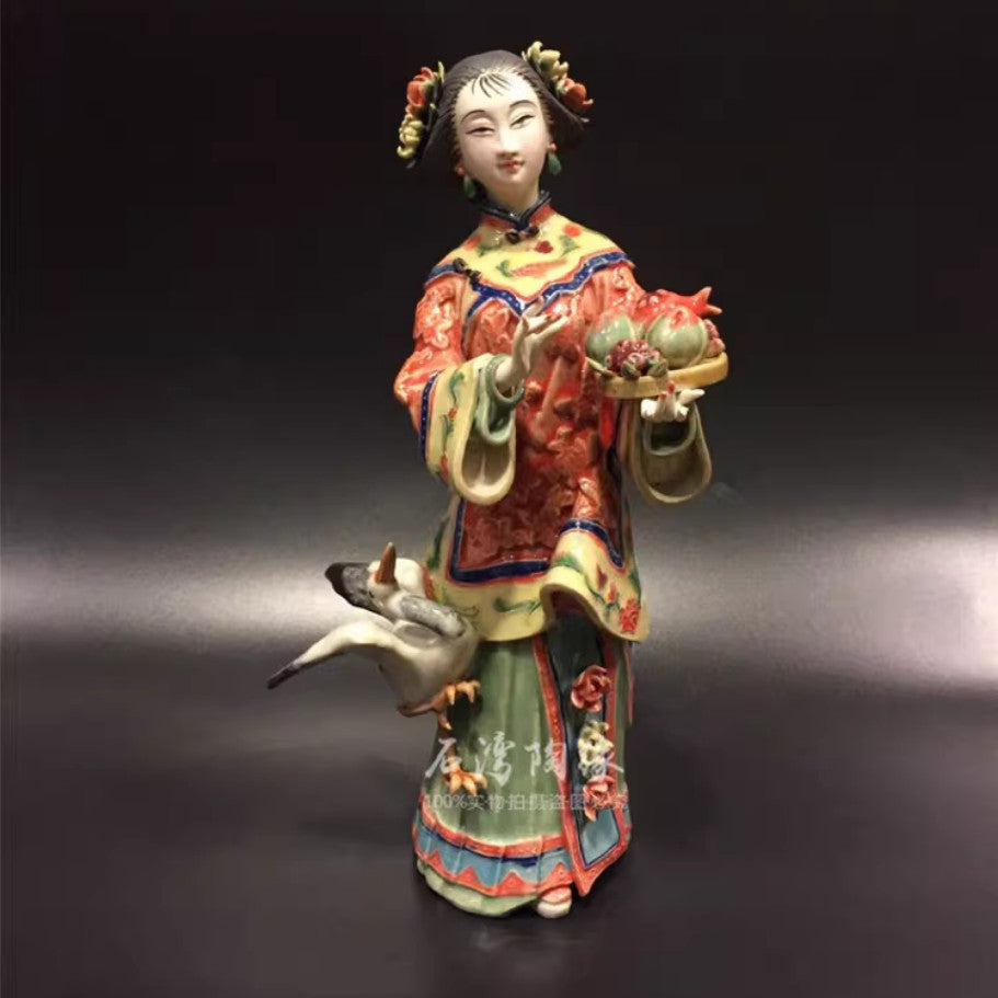 12" Chinese Wucai Porcelain Classical Beauty Women Bird Peach Long Life Figurine