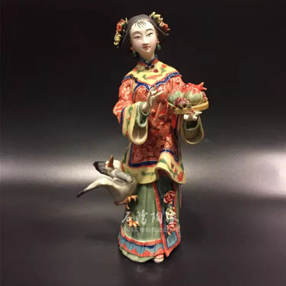 12" Chinese Wucai Porcelain Classical Beauty Women Bird Peach Long Life Figurine
