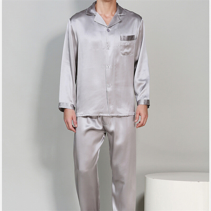 Men's Pajama Sets Mulberry Silk 100% Sleepwear Soft Long Sleeve Shirts Lapel New