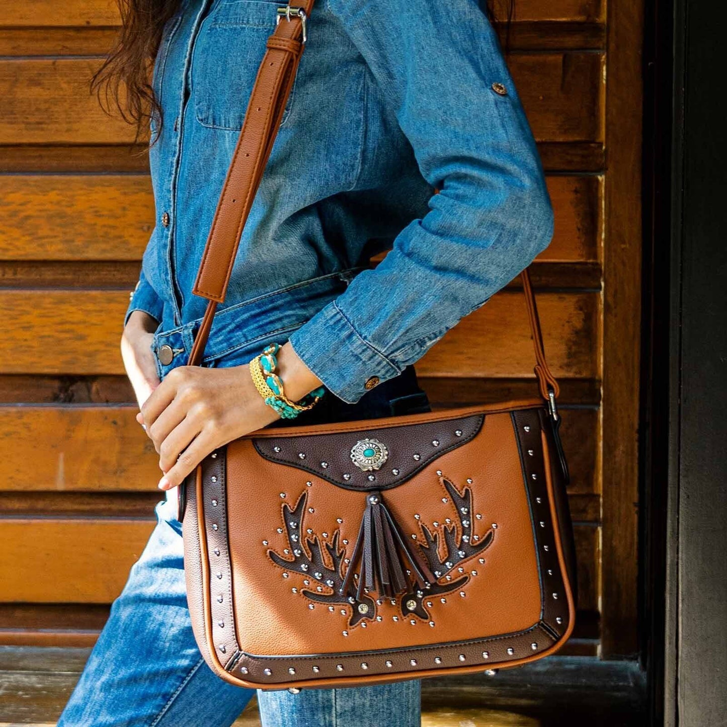 Celela Women Embroidered Concho Rhinestone Studs Fringe Crossbody Shoulder Bags