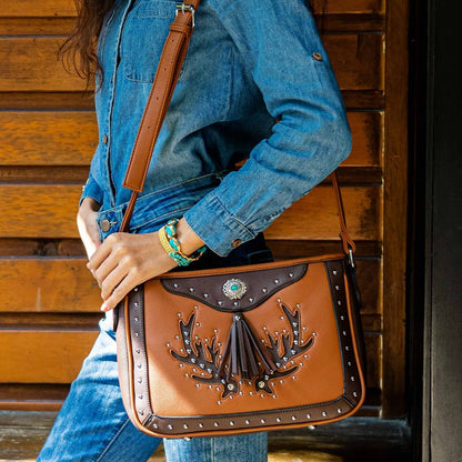 Celela Women Embroidered Concho Rhinestone Studs Fringe Crossbody Shoulder Bags