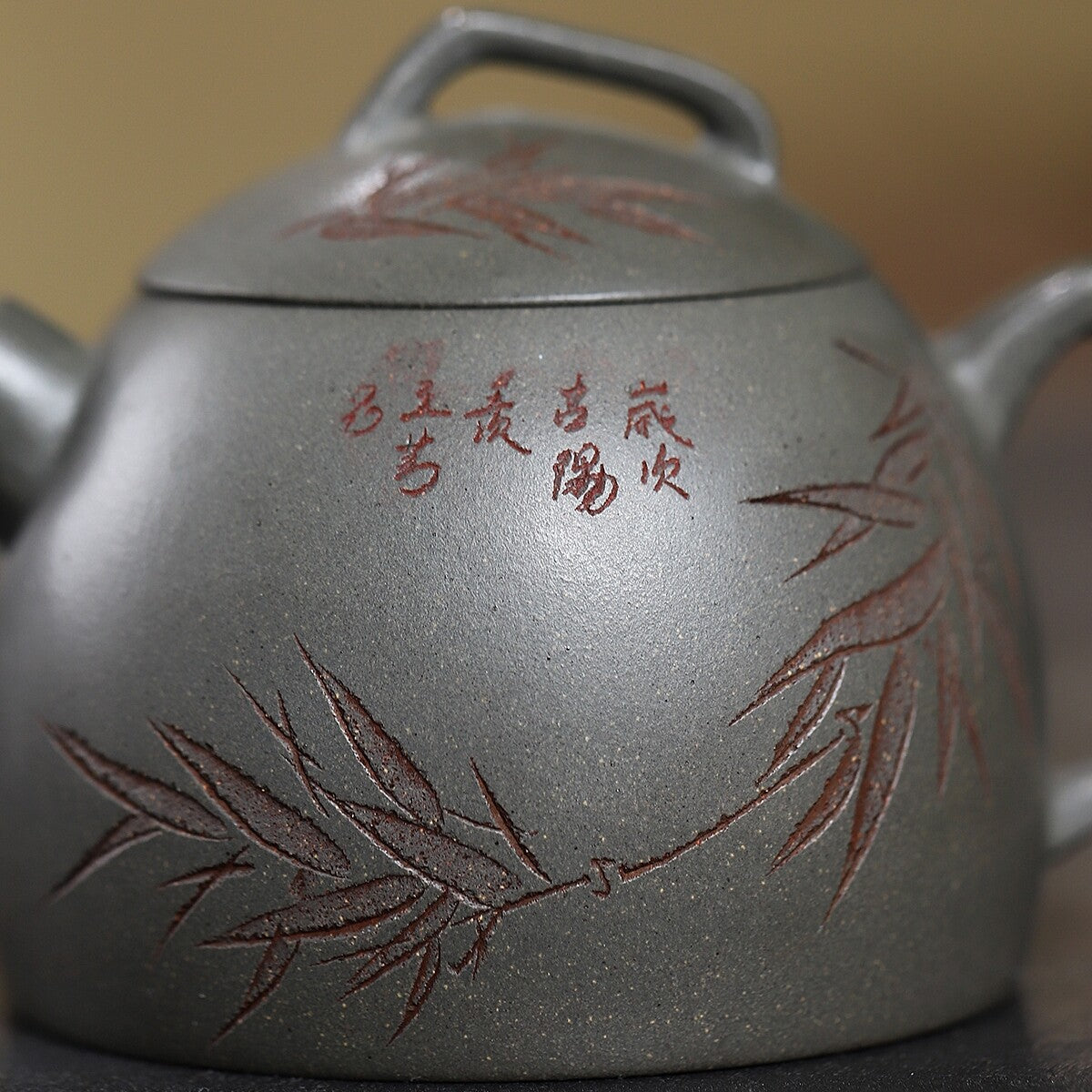 180ml Full Handmade Tea Pot Marked Chinese Character Bamboo Carved Zisha Tea Pot