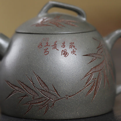 180ml Full Handmade Tea Pot Marked Chinese Character Bamboo Carved Zisha Tea Pot