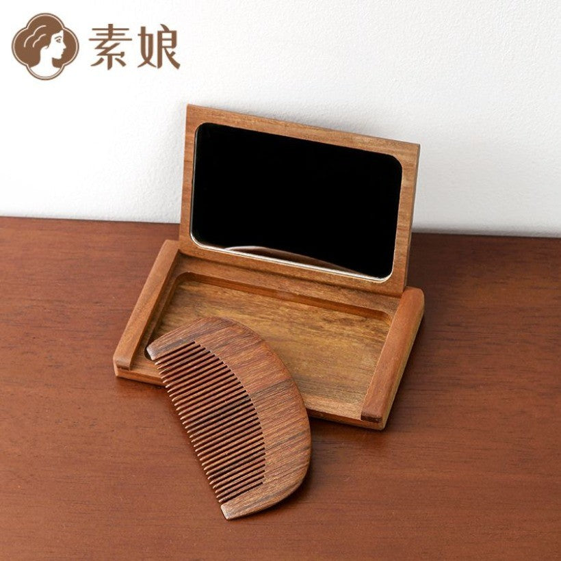 Wooden Folding Mirror 11.5×7cm with Comb Portable Mini Makeup Mirror for Women
