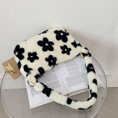 Cow Print Underarm Bag Soft Plush Pink Small Fluffy Shoulder Purse 25*17*7 CM