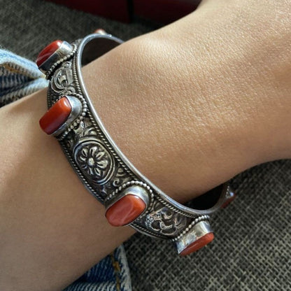 Tibetan Nepalese Bangle Adjustable Eight Treasures Red Inlay Bracelet