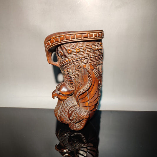 5" chinese wood beautiful brush pot wooden decor boxwood carving phoenix statue