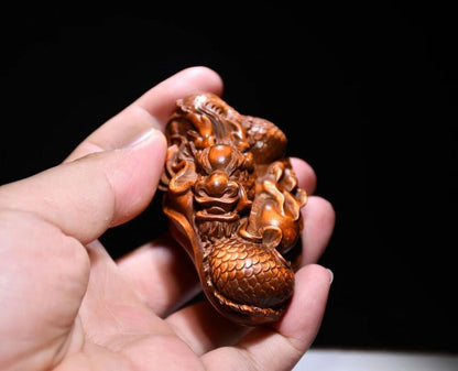 Rare Chinese Collection Hand Carved Boxwood Wood Dragon Statue Hand Piece