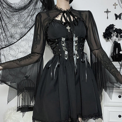 Women Sexy Gothic Long Flare Sleeve Lace Shrug Retro Steampunk Crop Top Cardigan