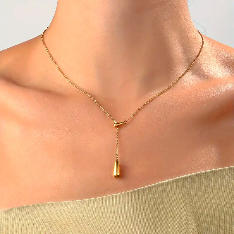 Teardrop Shape Beads Necklace 18K Gold Plated Golden Titanium Steel Chain Women