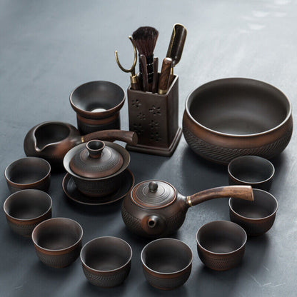 Complete Tea Set Purple Pottery Kungfu Tea Set Pot With Wood Handle Cup Gaiwan