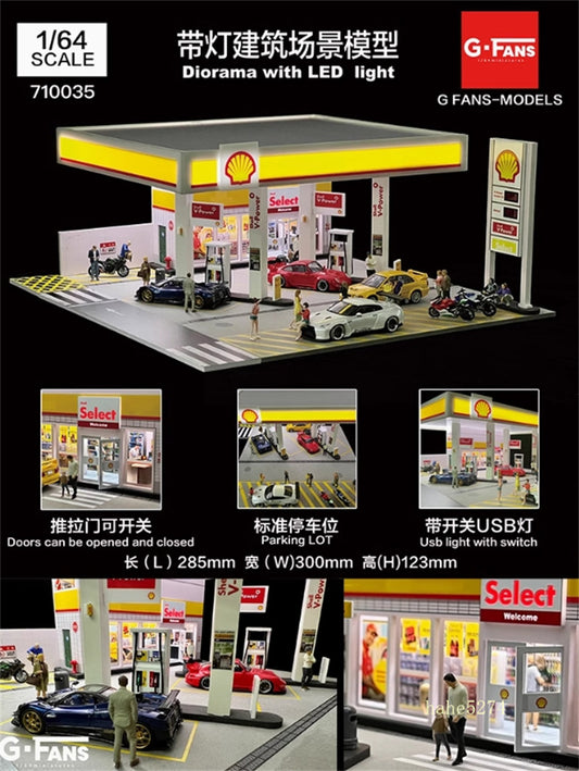 1: 64 Shell Gas Station Architectural Scene Model Parking Lot with LED Light